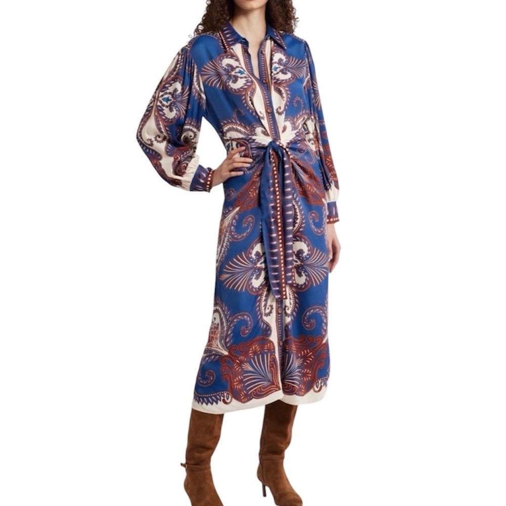 Farm Rio Blue Paisley Scarf Midi Shirt Dress Tie Front Long Sleeve Womens Large